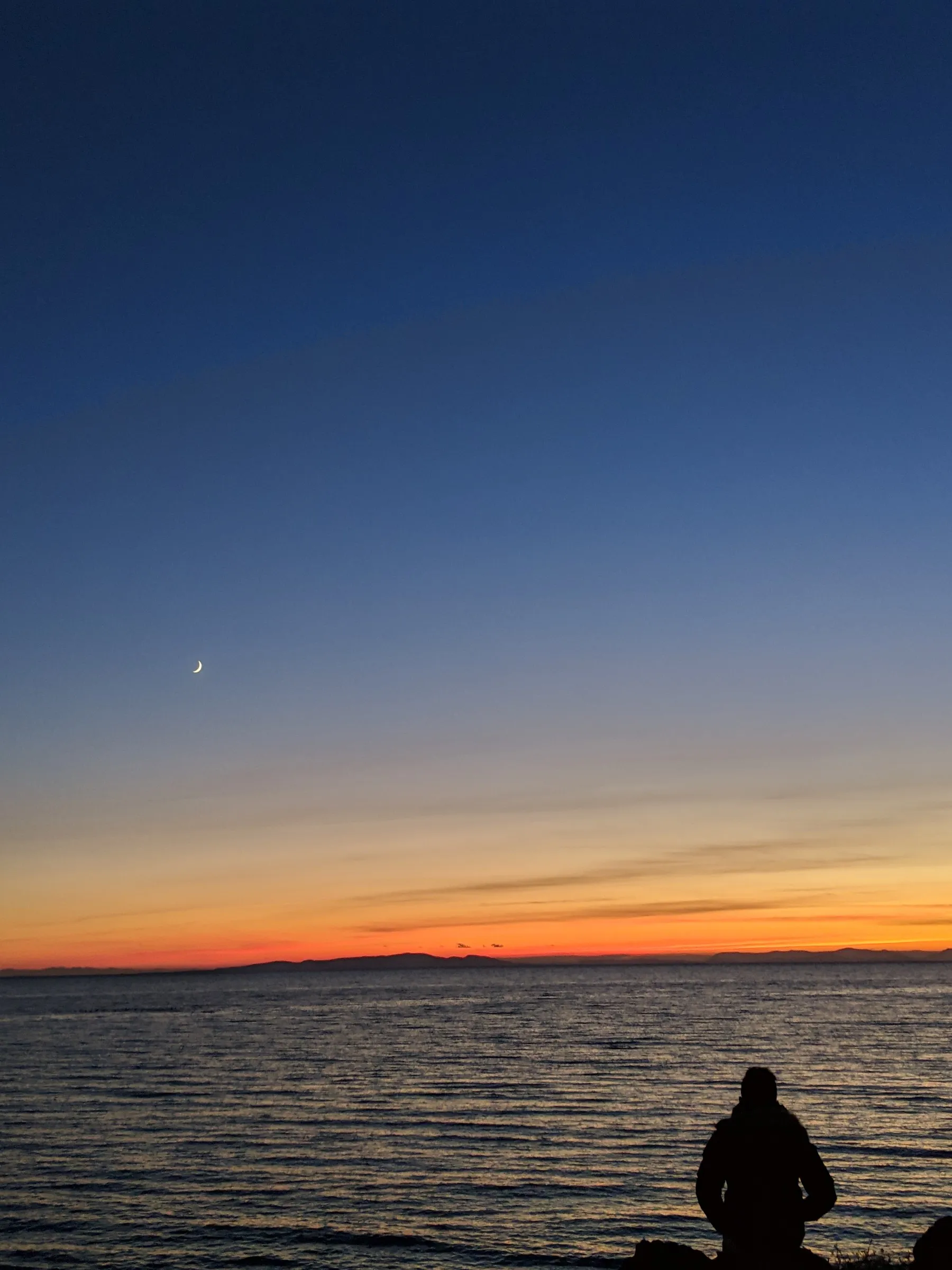 Silhouette of a person sitting by the ocean at sunset with a crescent moon in the blue-orange sky.