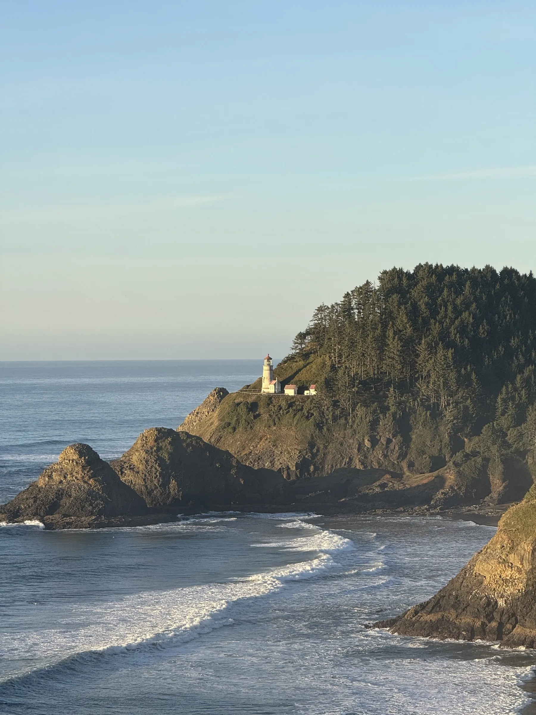 Lighthouse on rocky coastal headland with forested cliffs and ocean waves