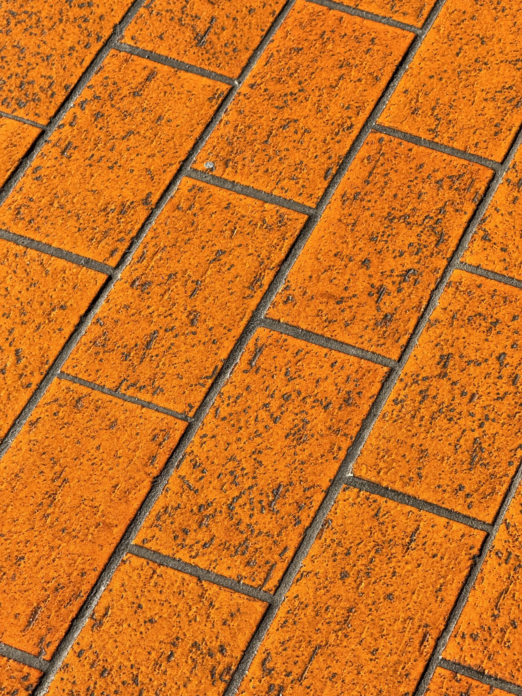 Orange terracotta brick pavement in herringbone pattern, viewed at an angle with visible texture and weathering.